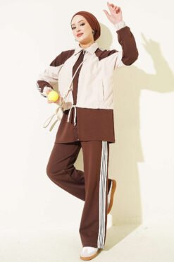 Striped Detail Ribbed Two-Piece Set Brown