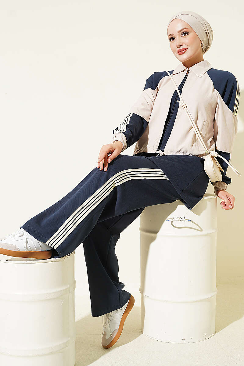 Striped Detail Ribbed Two-Piece Set Navy Blue - immagine 2