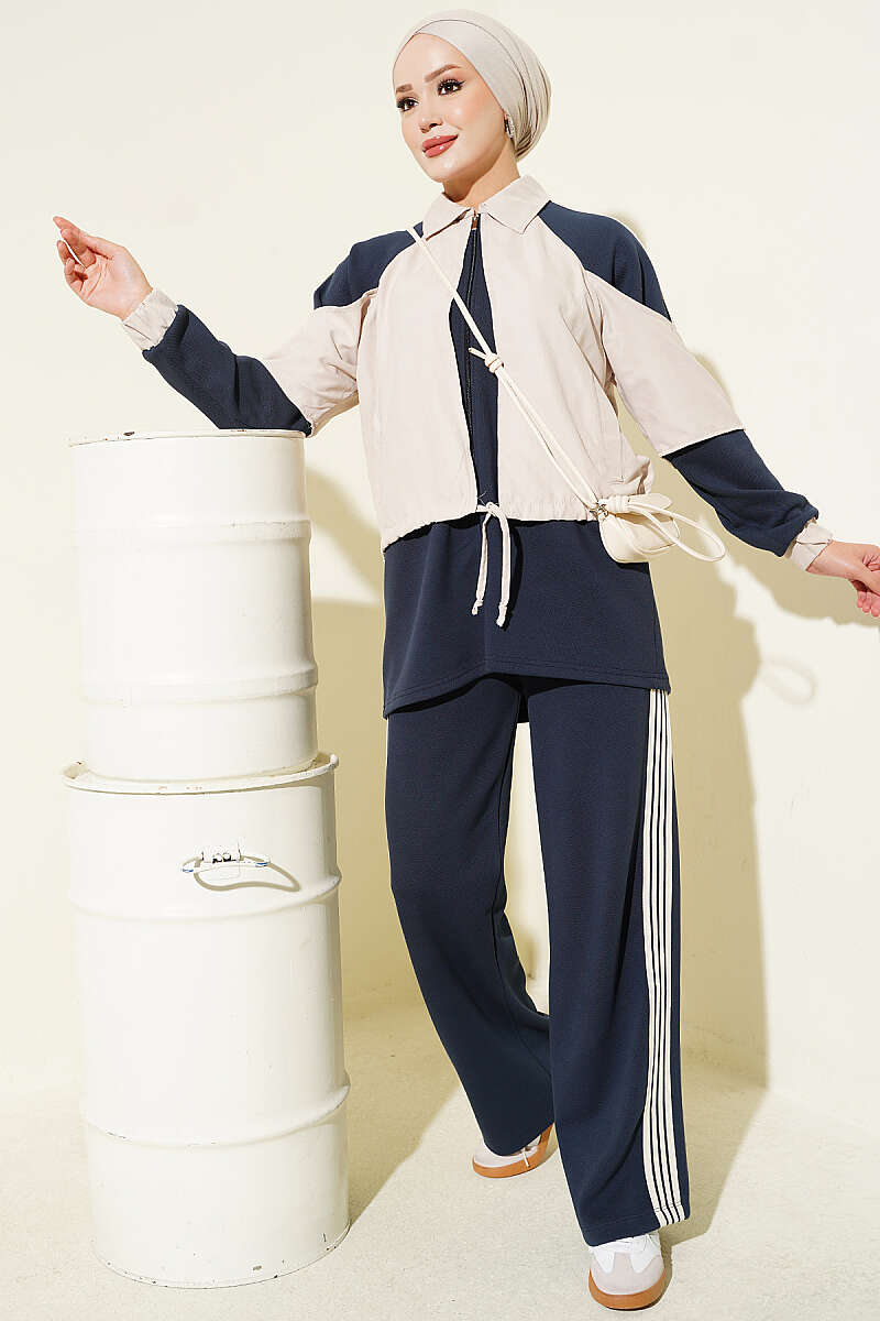 Striped Detail Ribbed Two-Piece Set Navy Blue