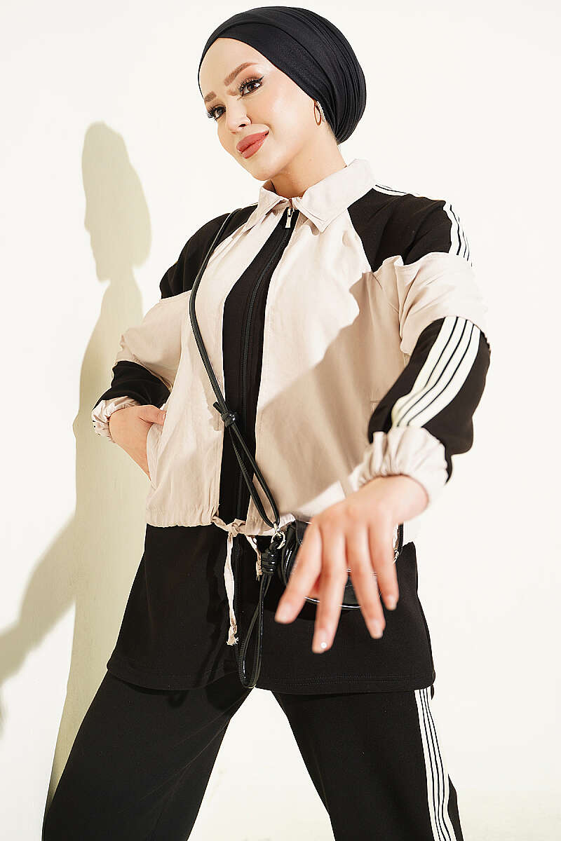 Striped Detail Ribbed Two-Piece Set Black - Image 2