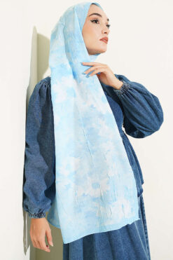 Floral Bamboo Crinkle Scarf with Stripe Details Ice Blue