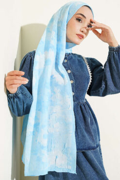 Alternative view of Floral Bamboo Crinkle Scarf with Stripe Details Ice Blue