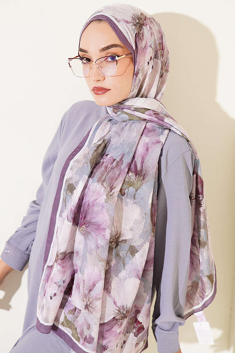 Floral Bamboo Crinkle Scarf with Stripe Details Lime - الصورة 5