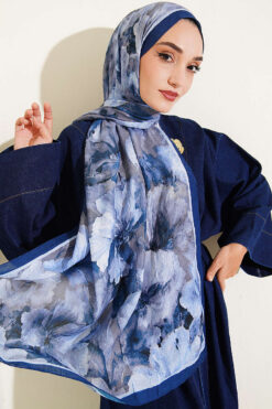 Floral Bamboo Crinkle Scarf with Stripe Details Navy Blue