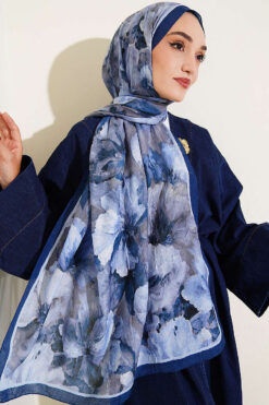 Alternative view of Floral Bamboo Crinkle Scarf with Stripe Details Navy Blue