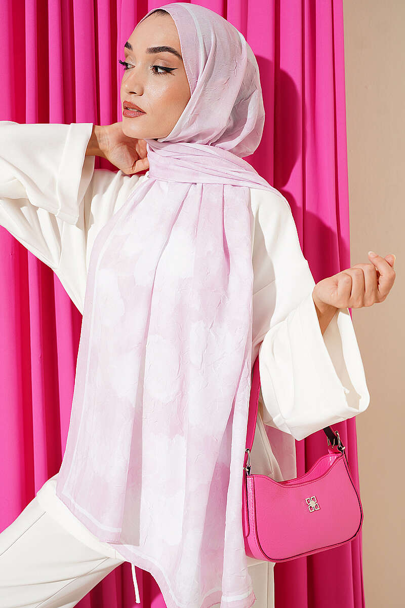 Floral Bamboo Crinkle Scarf with Stripe Details Pink - immagine 2