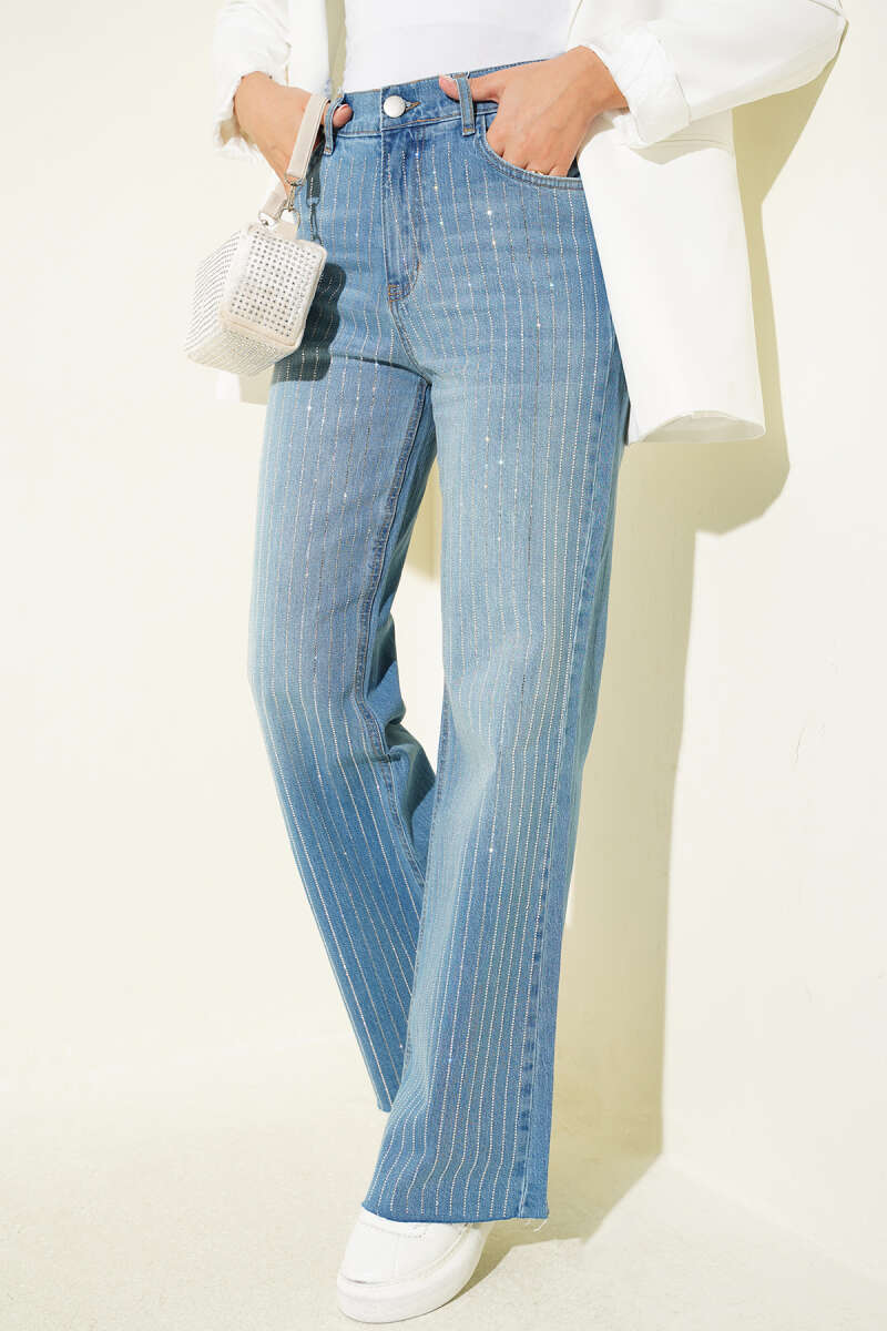 Striped Embellished Cut-Off Hem Trousers Light Blue