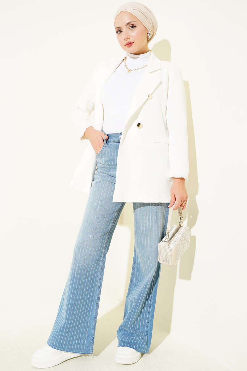 Striped Embellished Cut-Off Hem Trousers Light Blue – Image 2