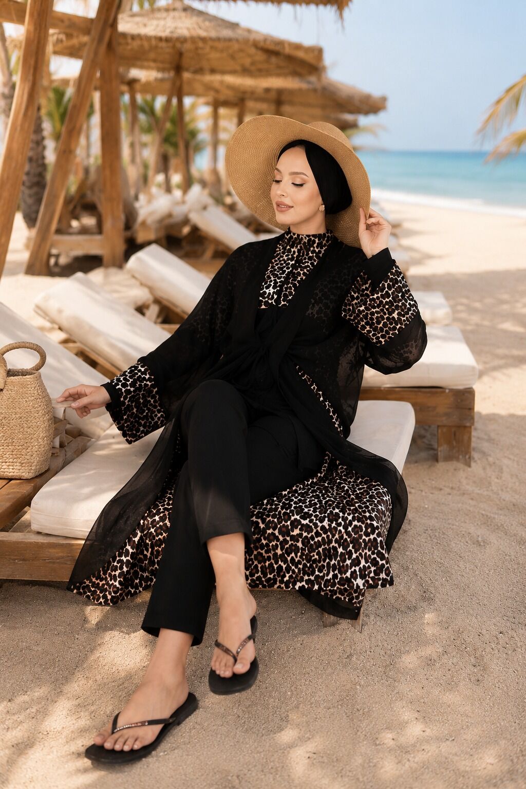 Chiffon Pareo Adjustable Waist Modest Swimsuit Leopard Leopard