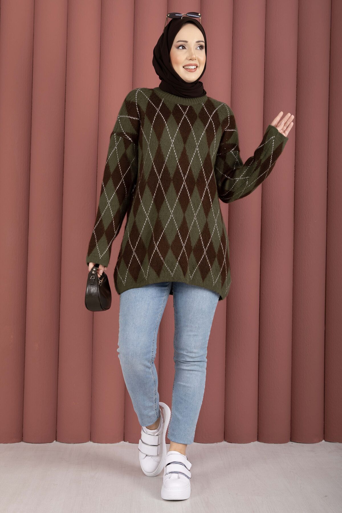 Softie Diamond Patterned Knit Sweater Khaki