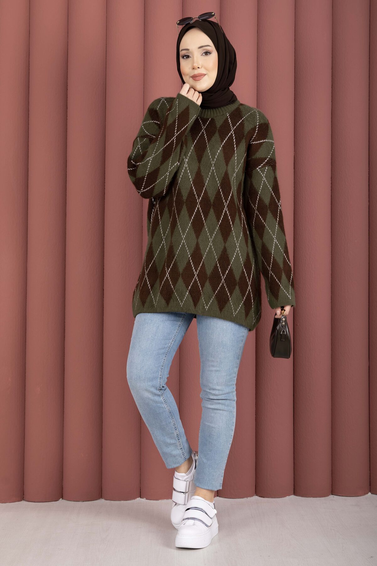 Softie Diamond Patterned Knit Sweater Khaki - Image 3
