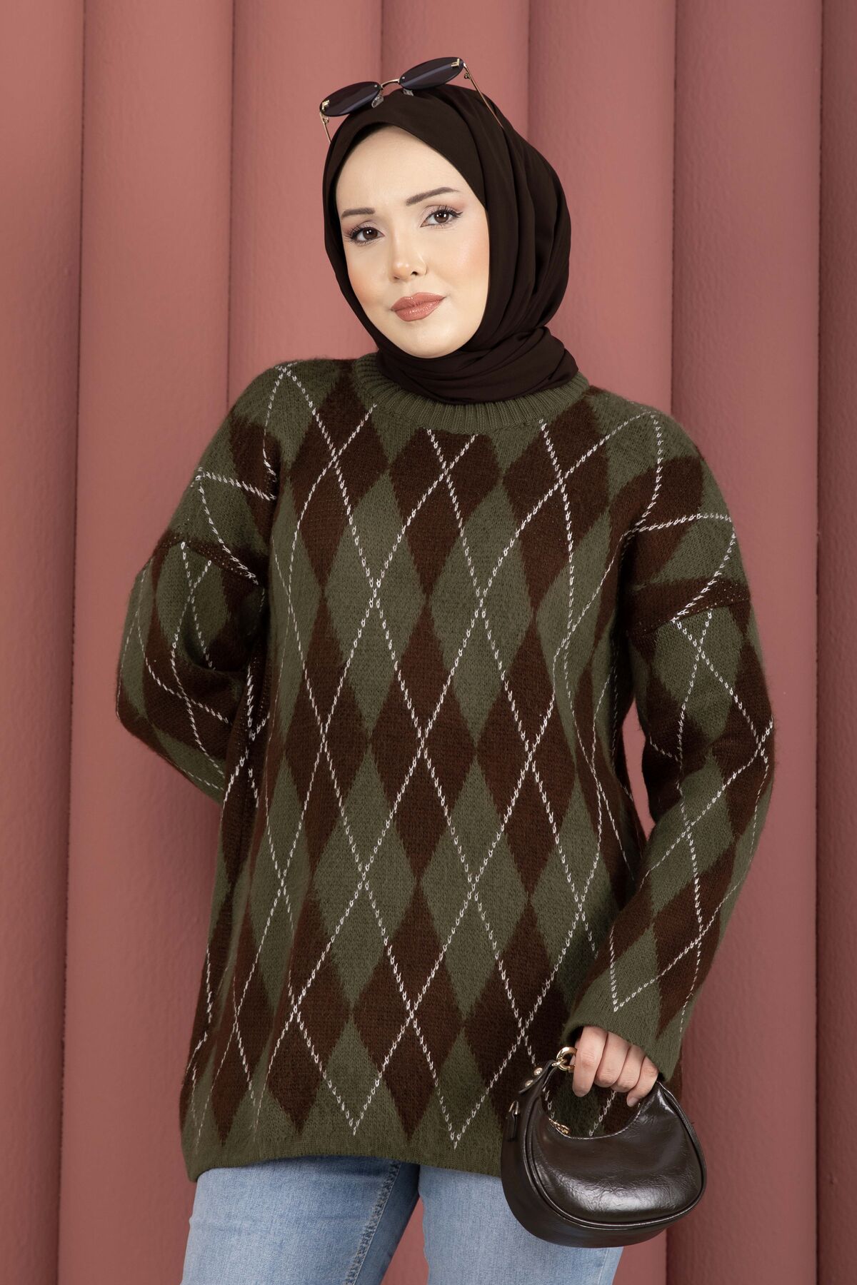 Softie Diamond Patterned Knit Sweater Khaki - Image 2