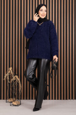 Soft Plush Textured Knit Sweater Navy Blue