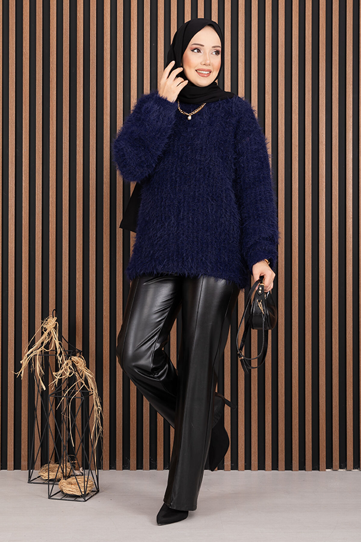 Soft Plush Textured Knit Sweater Navy Blue