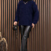 Soft Plush Textured Knit Sweater Navy Blue – Image 3