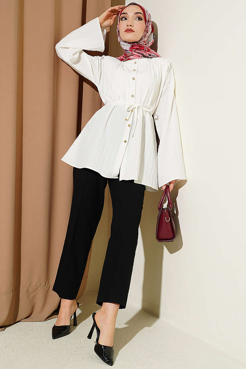 Stone Button Striped Textured Shirt Ecru - Imagen 2