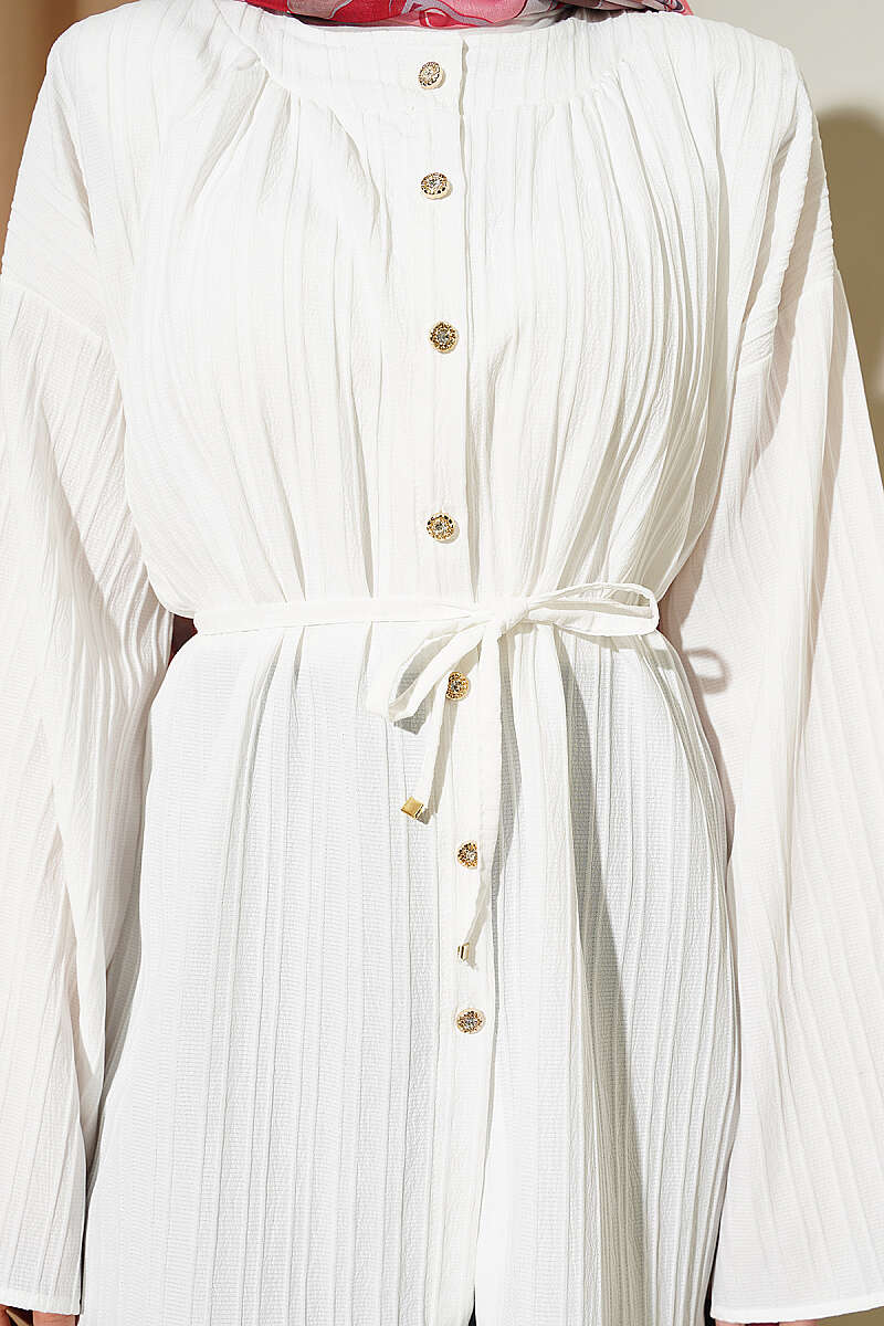 Stone Button Striped Textured Shirt Ecru - Imagen 4