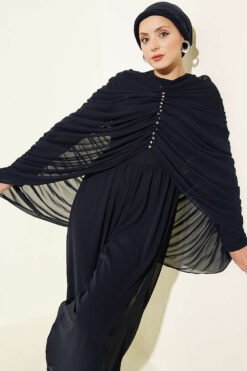 Stone-Embellished Draped Jumpsuit Navy Blue