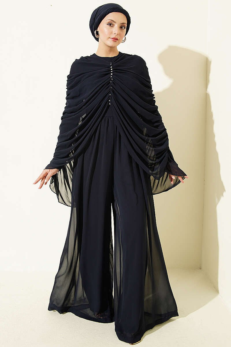 Stone-Embellished Draped Jumpsuit Navy Blue - immagine 2