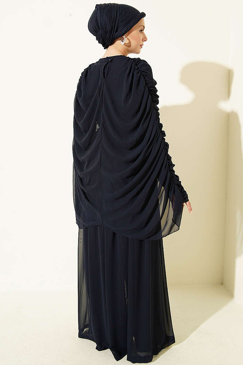 Stone-Embellished Draped Jumpsuit Navy Blue - immagine 3