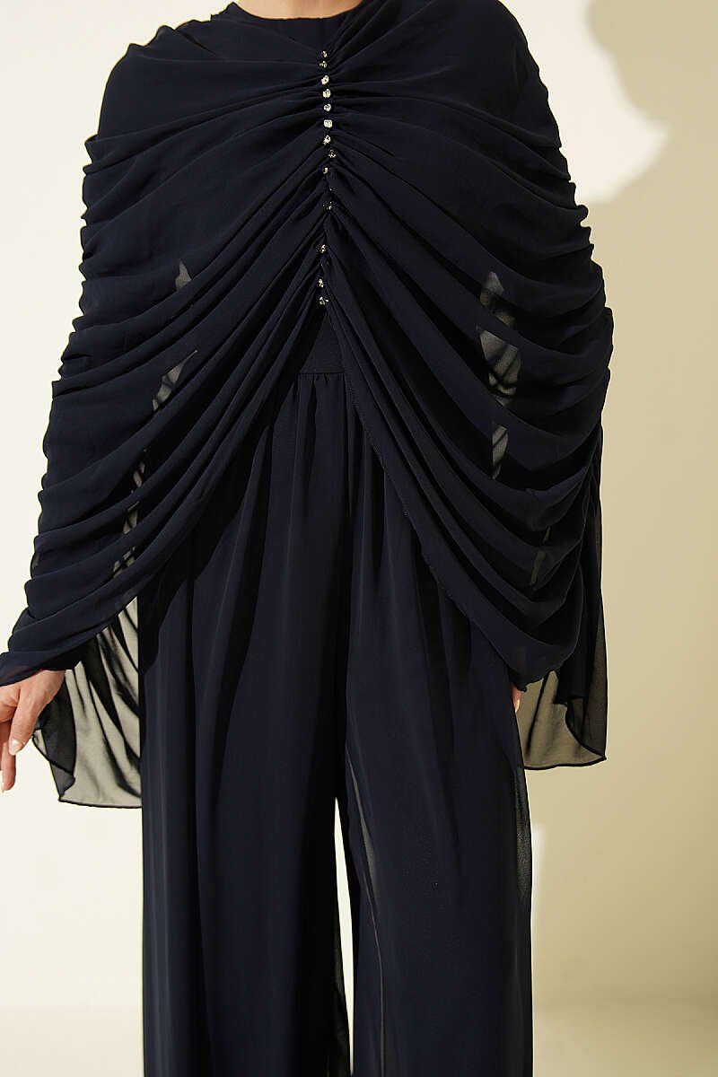 Stone-Embellished Draped Jumpsuit Navy Blue - immagine 4
