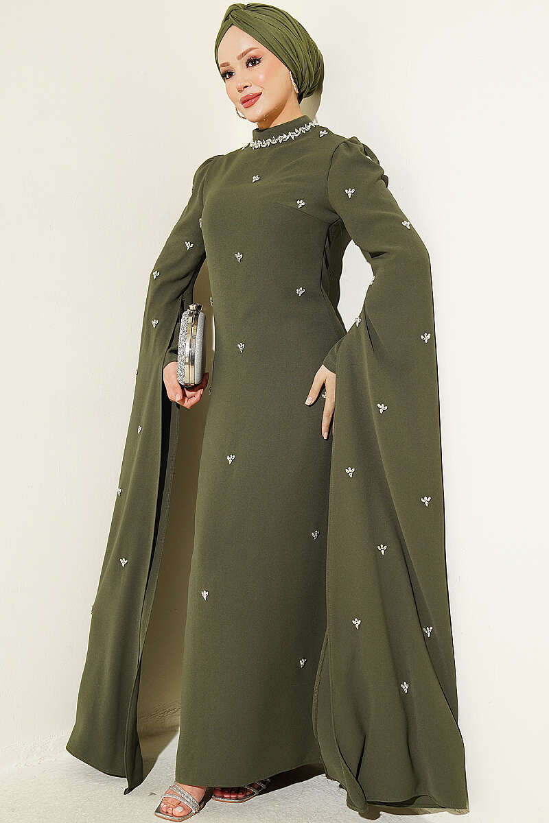 Stone Embellished Shoulder Cape Dress Khaki