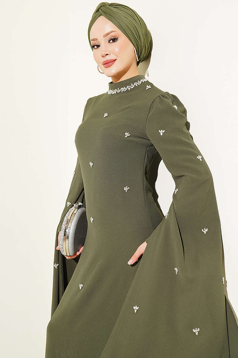 Stone Embellished Shoulder Cape Dress Khaki – Image 2
