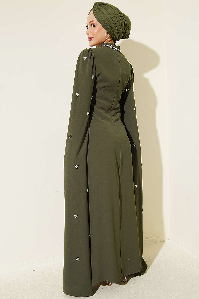 Stone Embellished Shoulder Cape Dress Khaki – Image 3