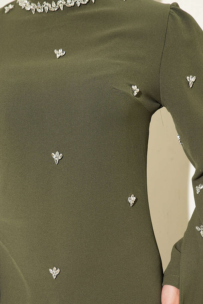 Stone Embellished Shoulder Cape Dress Khaki – Image 4
