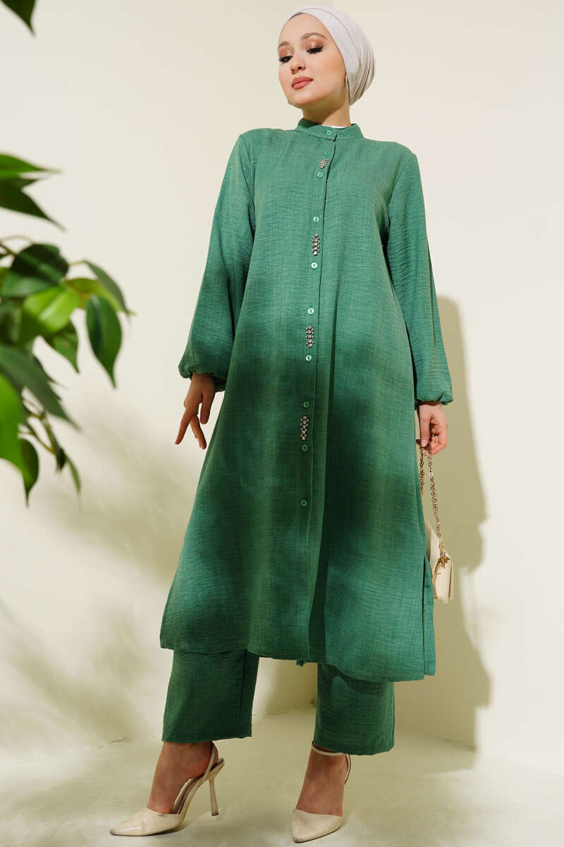 Stone-Embellished Long Tunic Two-Piece Set Stone