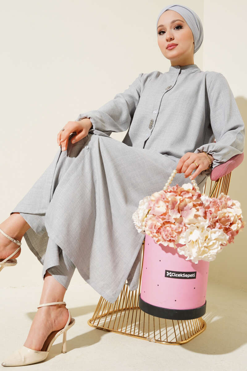 Stone-Embellished Long Tunic Two-Piece Set Grey