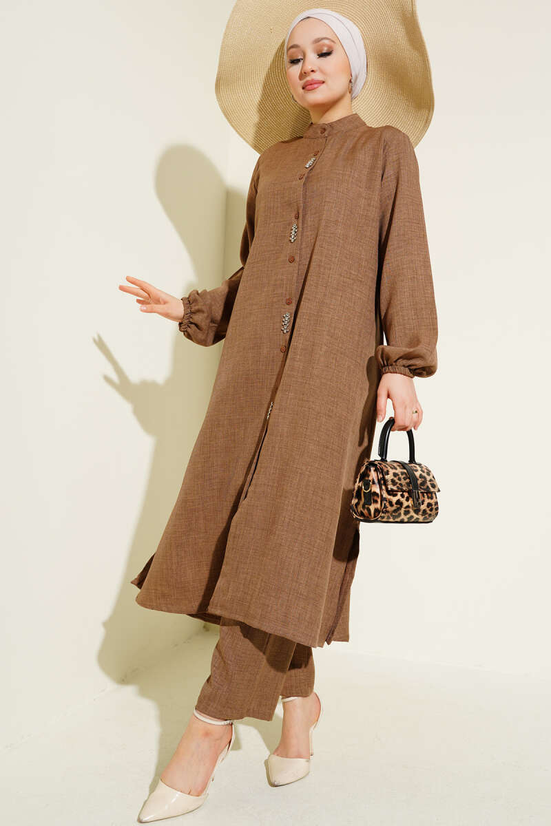 Stone-Embellished Long Tunic Two-Piece Set Mink