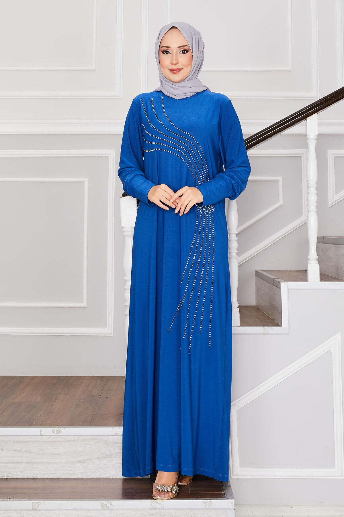 Stone Detailed Sandy Modest Dress Indigo – Bild 3