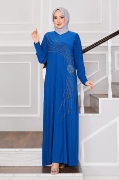 Stone Detailed Sandy Modest Dress Indigo