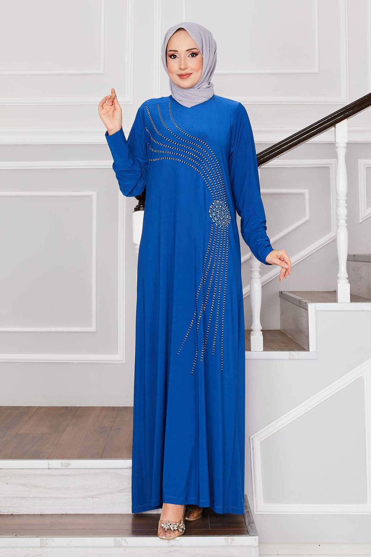 Stone Detailed Sandy Modest Dress Indigo