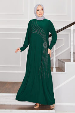Stone Detailed Sandy Modest Dress Emerald