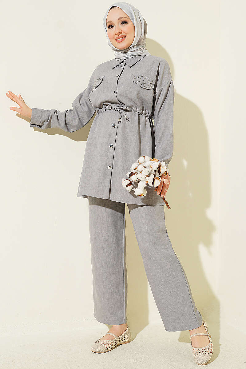 Stone Detail Faux Pocket Flap Two-Piece Set Grey