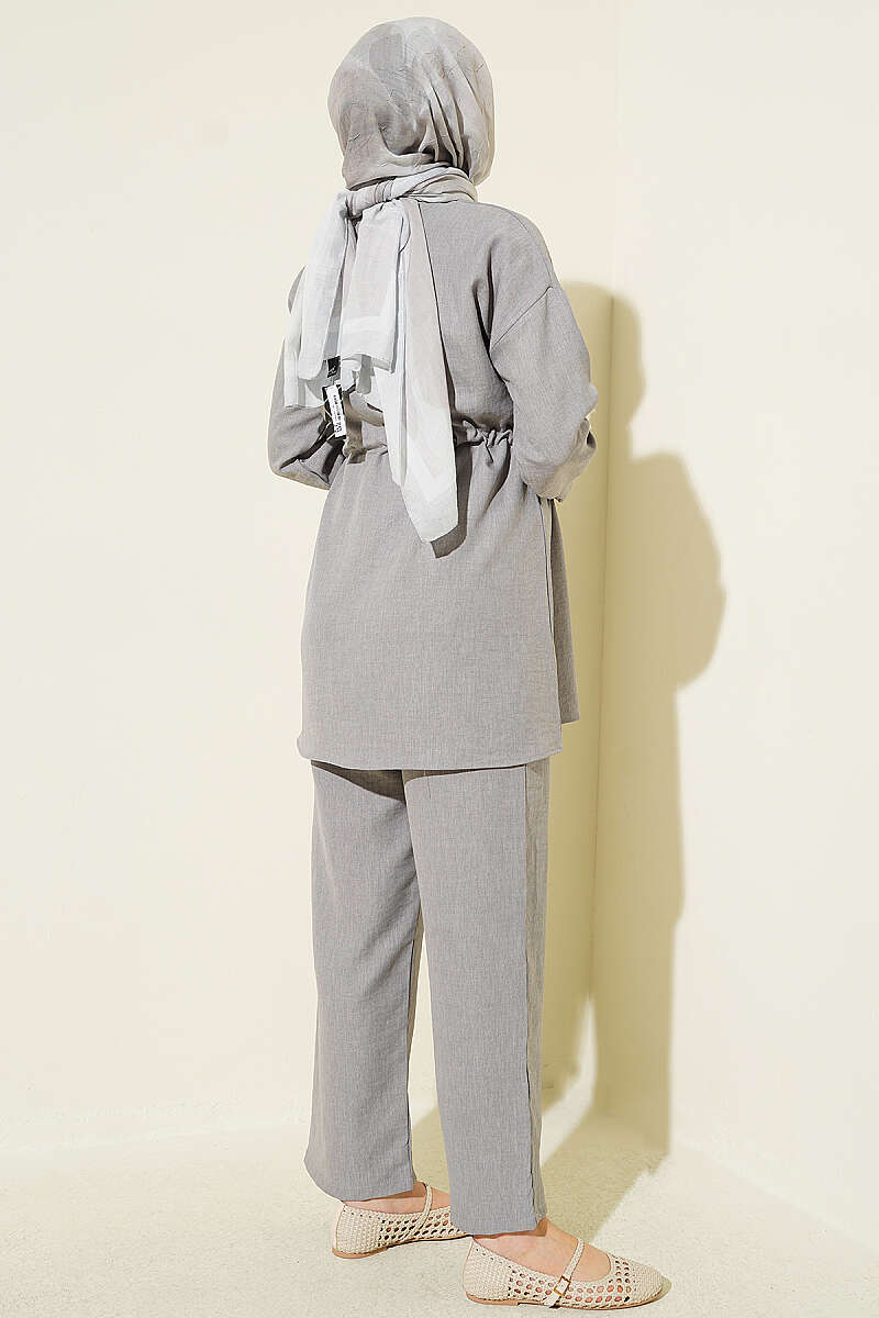 Stone Detail Faux Pocket Flap Two-Piece Set Grey – Image 3