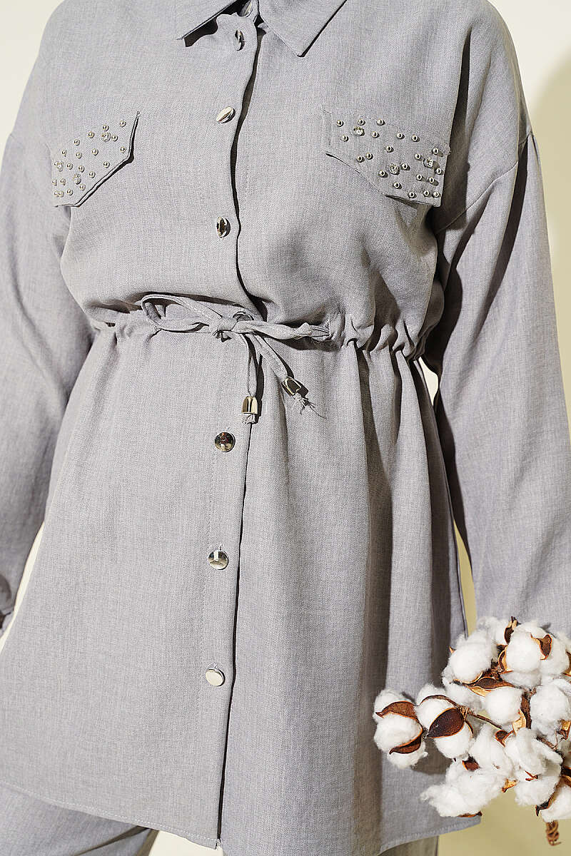 Stone Detail Faux Pocket Flap Two-Piece Set Grey – Image 4