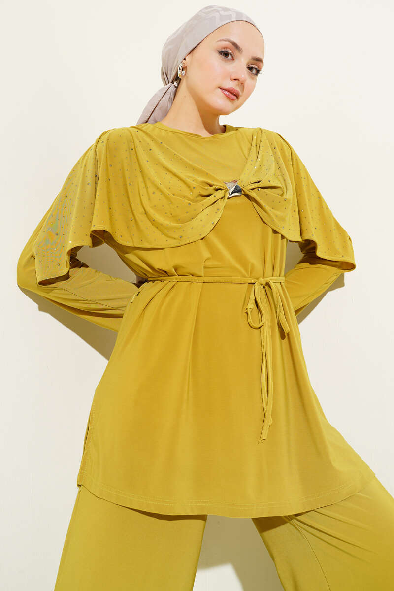 Embellished Side Slit Two-Piece Set Leaf Green