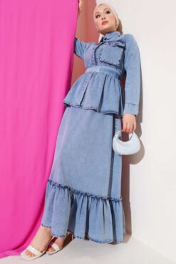 Single Pocket Belted Denim Dress Set Denim Blue