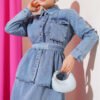 Single Pocket Belted Denim Dress Set Denim Blue – Bild 2