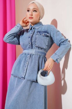 Alternative view of Single Pocket Belted Denim Dress Set Denim Blue