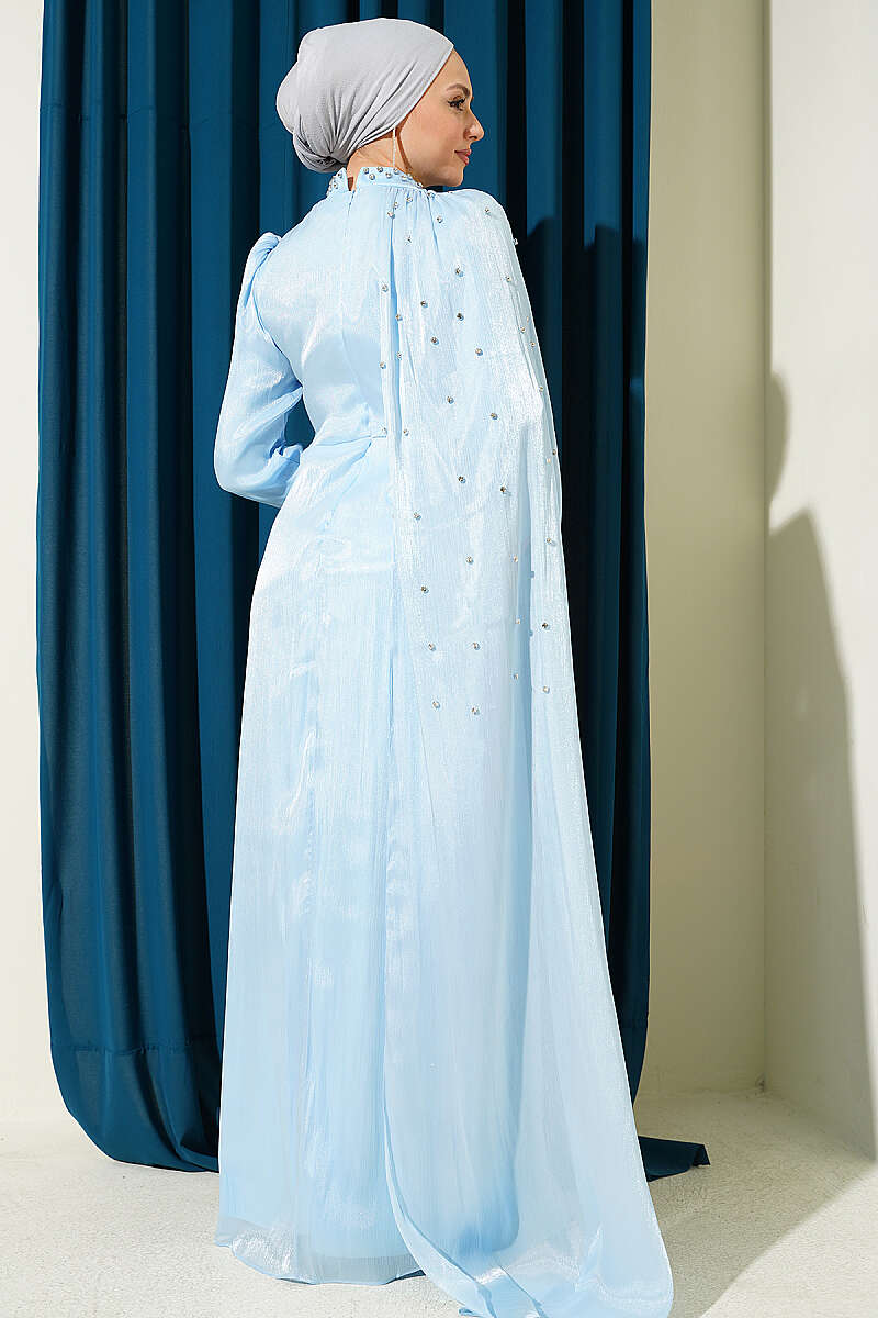 One Shoulder Cape Embellished Evening Dress Baby Blue - immagine 3