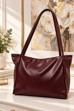 Long-Handled Leather Women's Handbag Burgundy