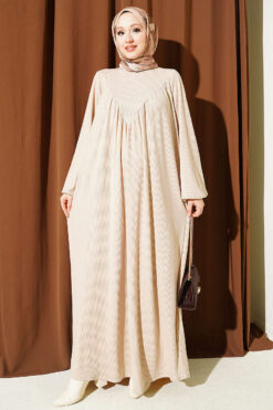 V-Neck Dress with Gathered Detail Beige