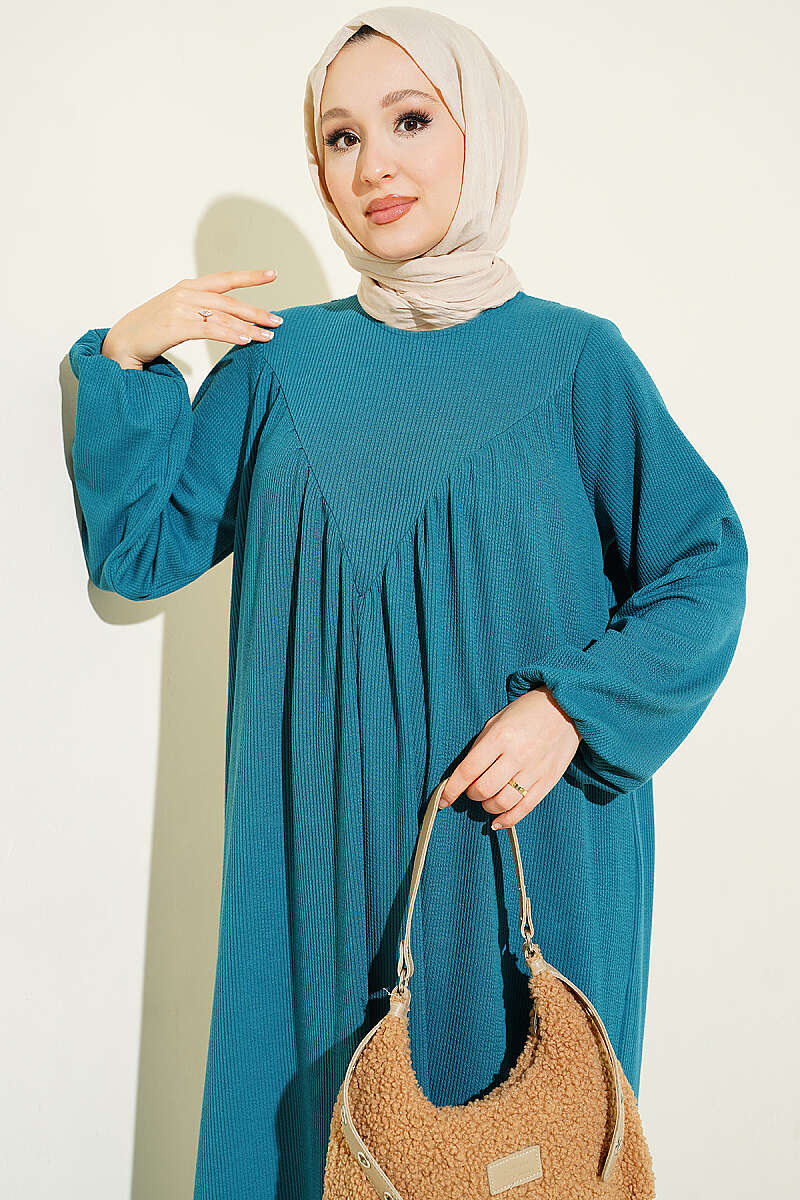 V-Neck Dress with Gathered Detail Petrol - immagine 2