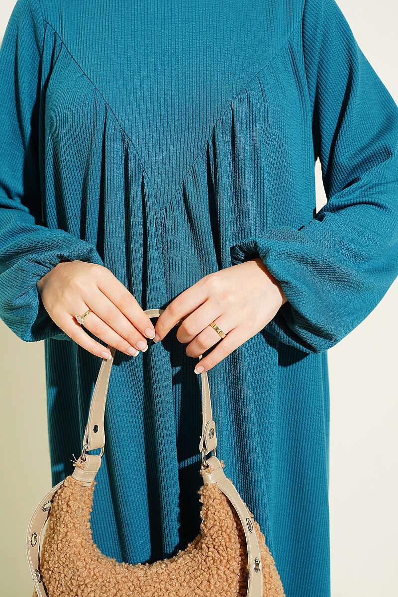 V-Neck Dress with Gathered Detail Petrol - immagine 4