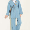 V-Neck Brooch-Embellished Denim Two-Piece Set Light Blue