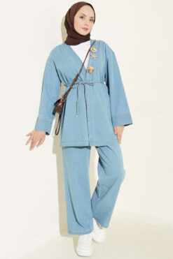 V-Neck Brooch-Embellished Denim Two-Piece Set Light Blue
